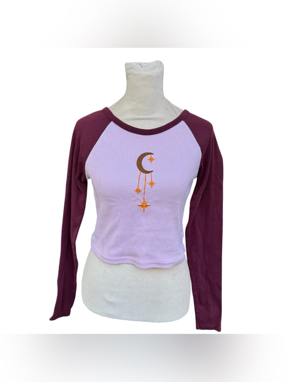 Fashion Nova Celestial Star Moon Pink Burgundy Long Sleeve Y2K Baby Tee Medium